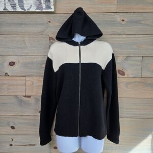 Classiques Entier Colorblock Hooded Sweater FullZip Black/Ivory 100% Wool Sz Med